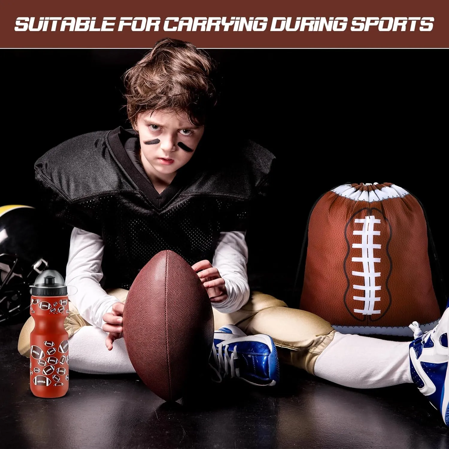 Hosuly 24 Pcs 24 oz Football Water Bottle Bulk and Drawstring Bag Set 12 Reusable Plastic Biking Water Bottle Tumbler 12 Sport Gym Goodie Gift Bag for Party Favor (Brown)
