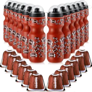 Hosuly 24 Pcs 24 oz Football Water Bottle Bulk and Drawstring Bag Set 12 Reusable Plastic Biking Water Bottle Tumbler 12 Sport Gym Goodie Gift Bag for Party Favor (Brown)