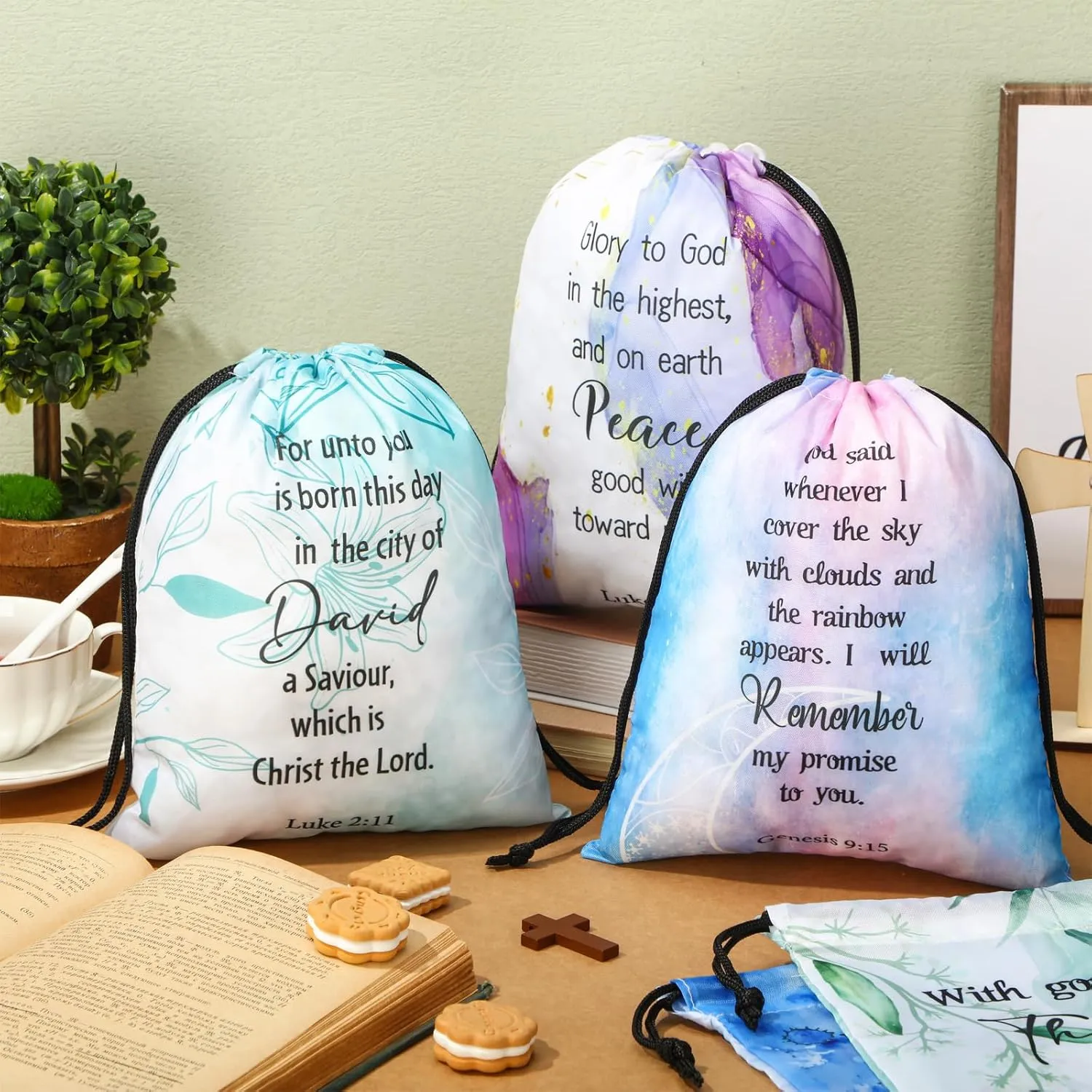 Hosuly 30 Pcs Bible Verse Drawstring Bags Christian Bag Bulk Easter Religious Gift for Women Travel Church Gym Sport Supply