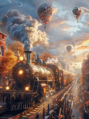 Hot Air Balloon Diamond Painting Train Diamond Art Kits for Adults, 5D Gem Art Painting Kit for Beginners Round Full Drill Crystal Dots Embroidery Pictures Crafts, Home Wall Decor Gifts 24x32in -48eC