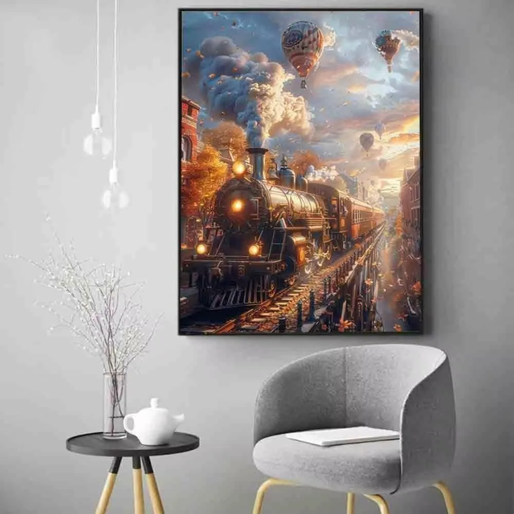 Hot Air Balloon Diamond Painting Train Diamond Art Kits for Adults, 5D Gem Art Painting Kit for Beginners Round Full Drill Crystal Dots Embroidery Pictures Crafts, Home Wall Decor Gifts 24x32in -48eC