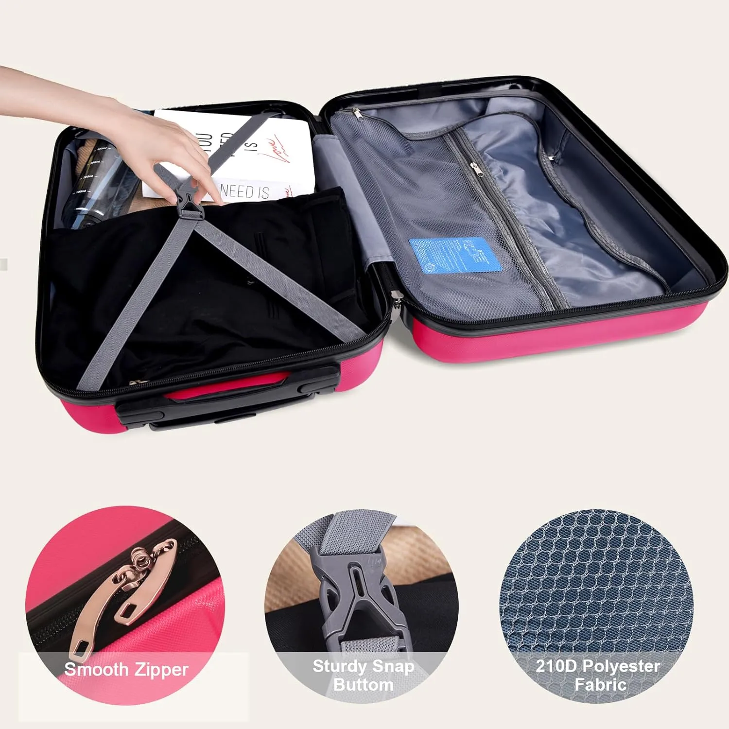 HOUAGI 3 Piece Luggage Sets Hardshell Lightweight Luggage with Spinner Wheels 20"/24"/28"(Rose Red)