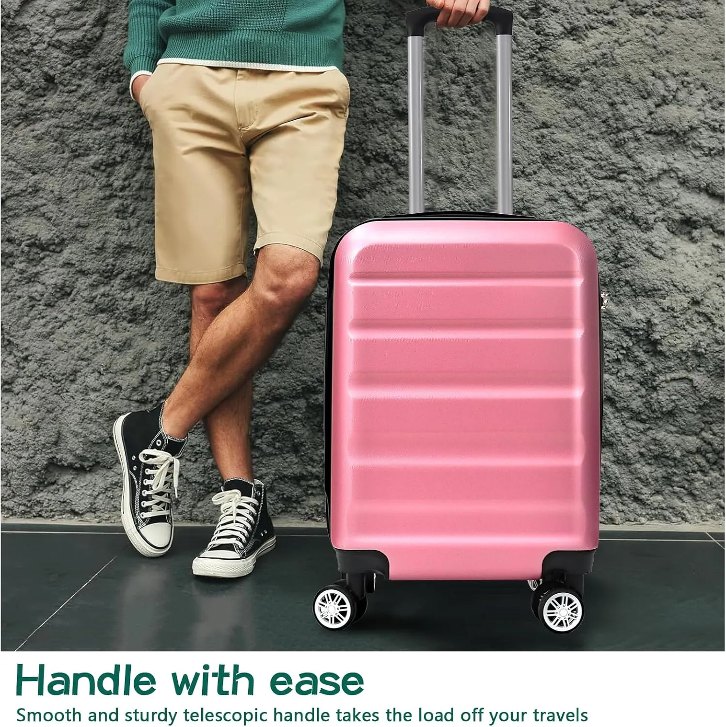 HOUAGI 3 Piece Luggage Sets,Hardshell 3pcs Suitcase Sets,Hardshell Luggage Sets with Spinner Wheels,Lightweight Travel Checked Luggage Sets,20in/24in/28in,Pink