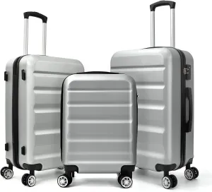 HOUAGI 3 Piece Luggage Sets,Hardshell 3pcs Suitcase Sets,Hardshell Luggage Sets with Spinner Wheels,Lightweight Travel Checked Luggage Sets,20in/24in/28in,Silver Grey
