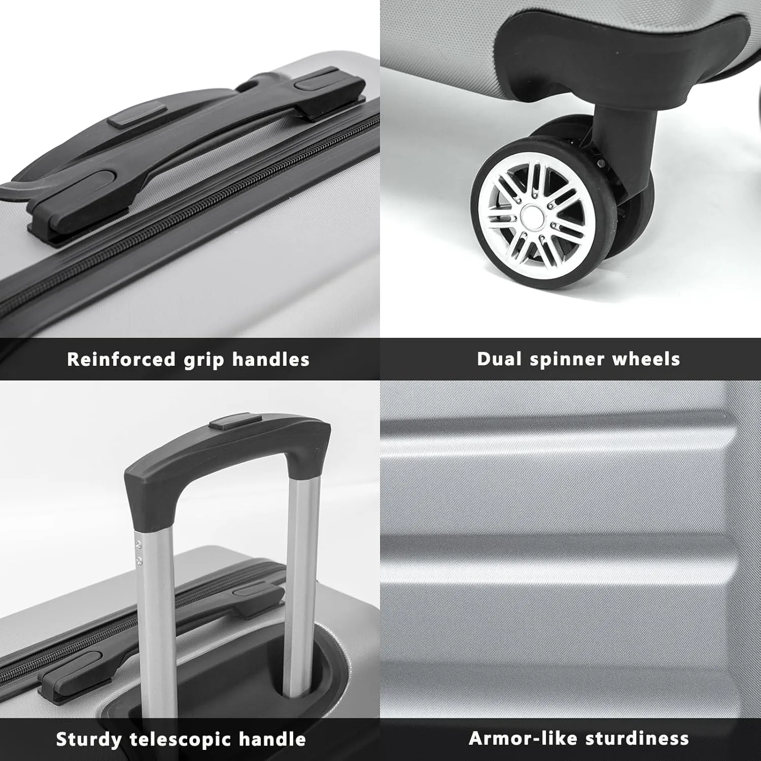 HOUAGI 3 Piece Luggage Sets,Hardshell 3pcs Suitcase Sets,Hardshell Luggage Sets with Spinner Wheels,Lightweight Travel Checked Luggage Sets,20in/24in/28in,Silver Grey