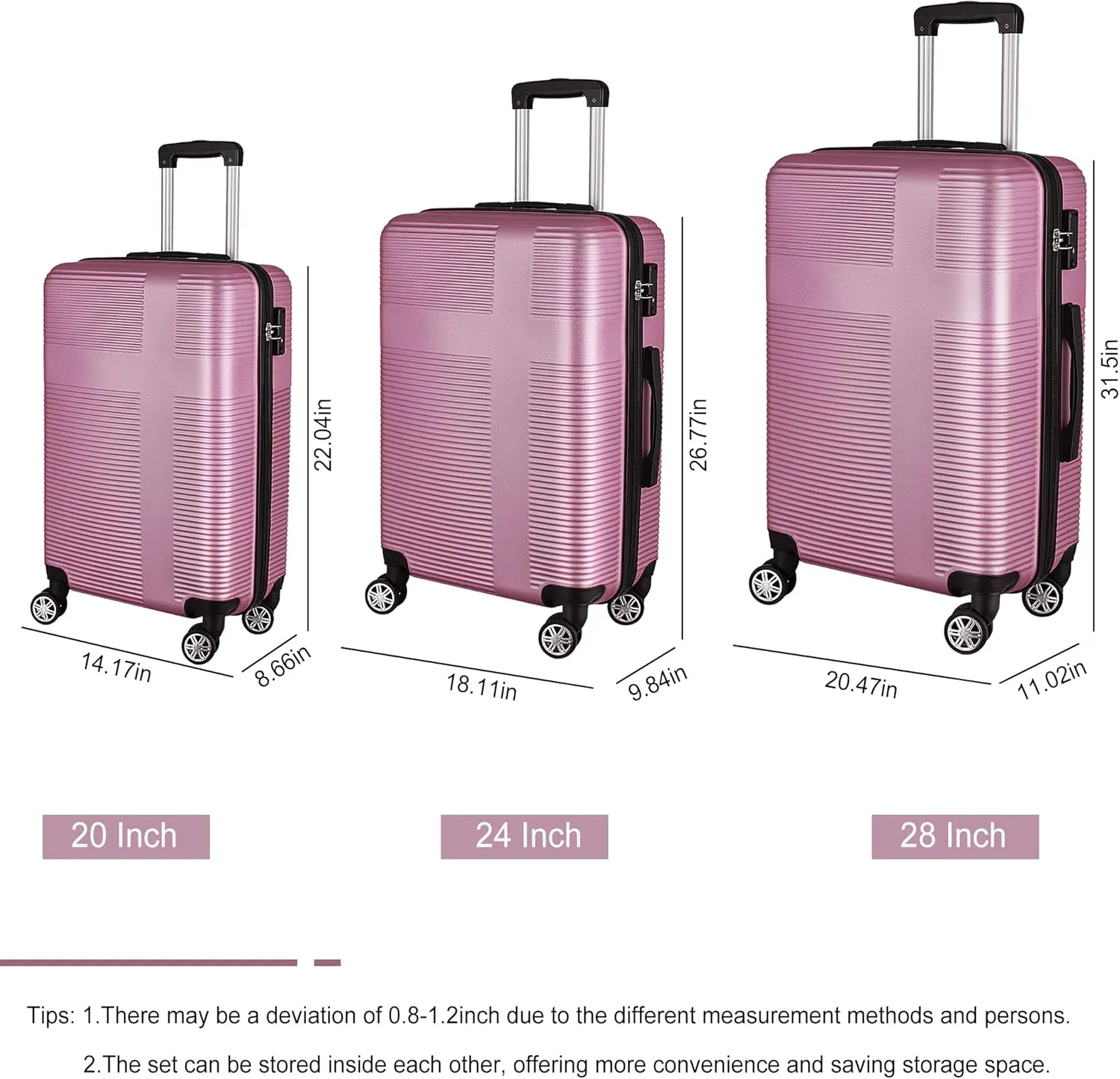 HOUAGI Luggage Sets Hardshell 3pcs Clearance Luggage Hardside Lightweight Suitcase Sets Spinner Wheels TSA Lock 20in/24in/28in