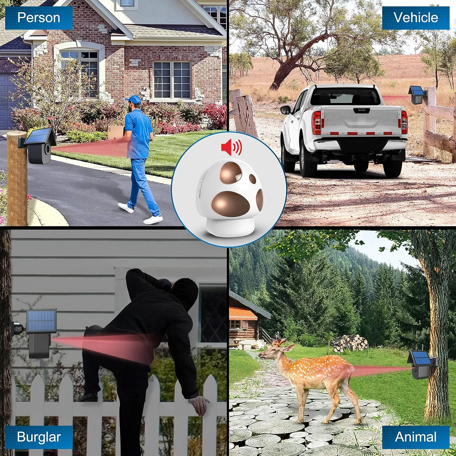 HTZSAFE 1/2 Mile Long Range Solar Driveway Alarm - Outdoor Weatherproof Wireless Motion Sensor&Detector- Portable Receiver Has Long Last Backup Battery - DIY Security System- 1 Receiver   4 Sensors
