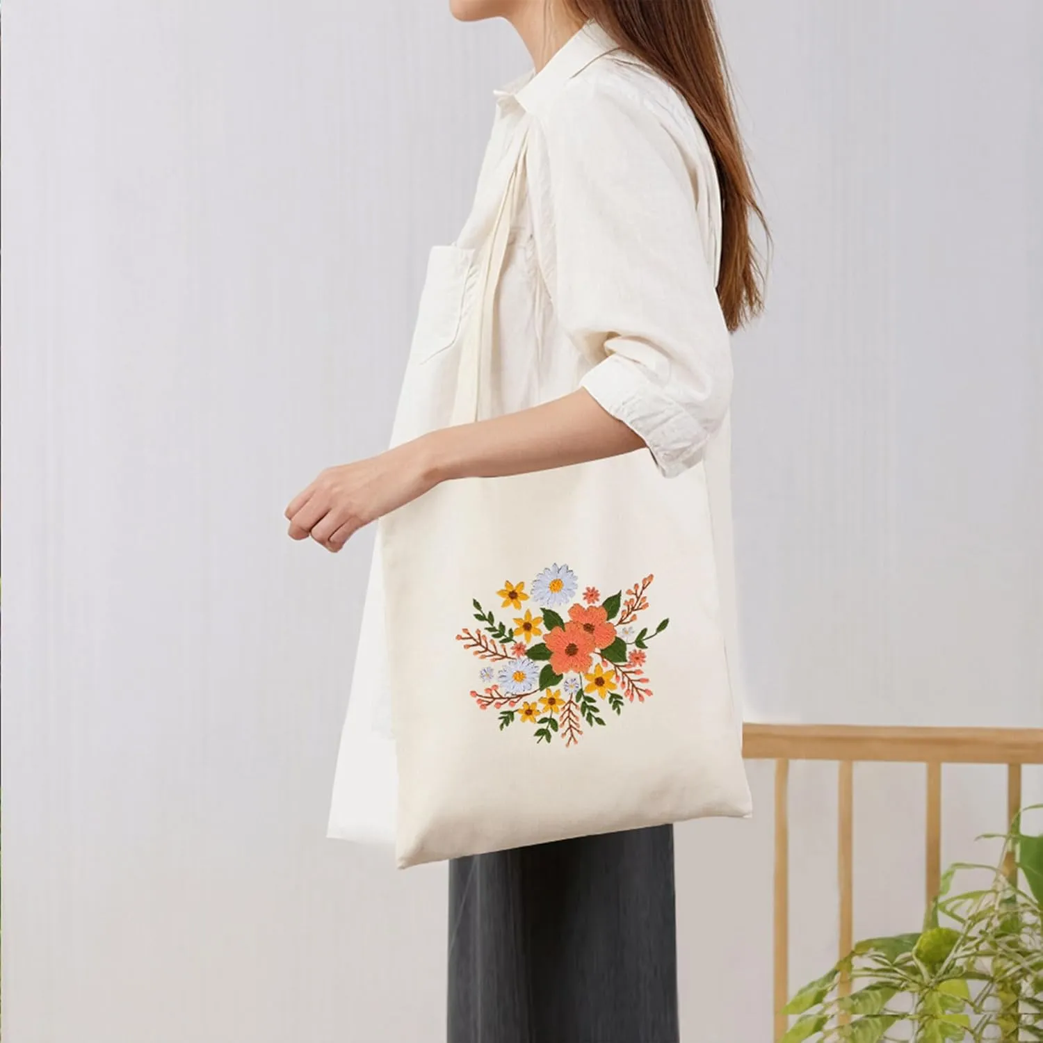 Huacan Embroidery Canvas Bag Kits for Adults Beginner Stamped Flowers Pattern DIY Cross Stitch Printed Flower Stitching Sewing Kit