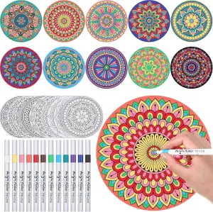 Humyoun 62 Pieces Mandala Painting Kits for Adults Mandalas to Color 50 Cardstock with 12 Markers for Coloring for Adults Stress Relieving Painting, DIY Crafts(Floral Mandala)