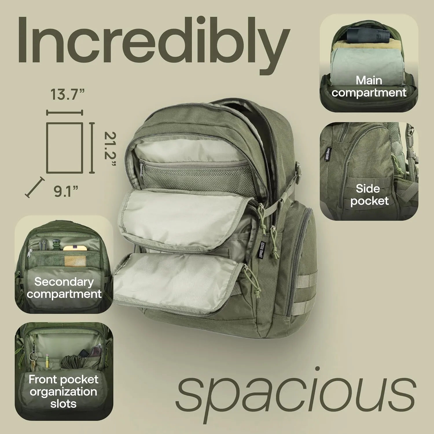 Huntex 40L Tactical Backpack for Men & Women in Ranger Green - Military Style for Hunting - Hiking Backpack & Travel Combat Backpack - Outdoor Tactical Backpacks & Sport Mochila Tactica