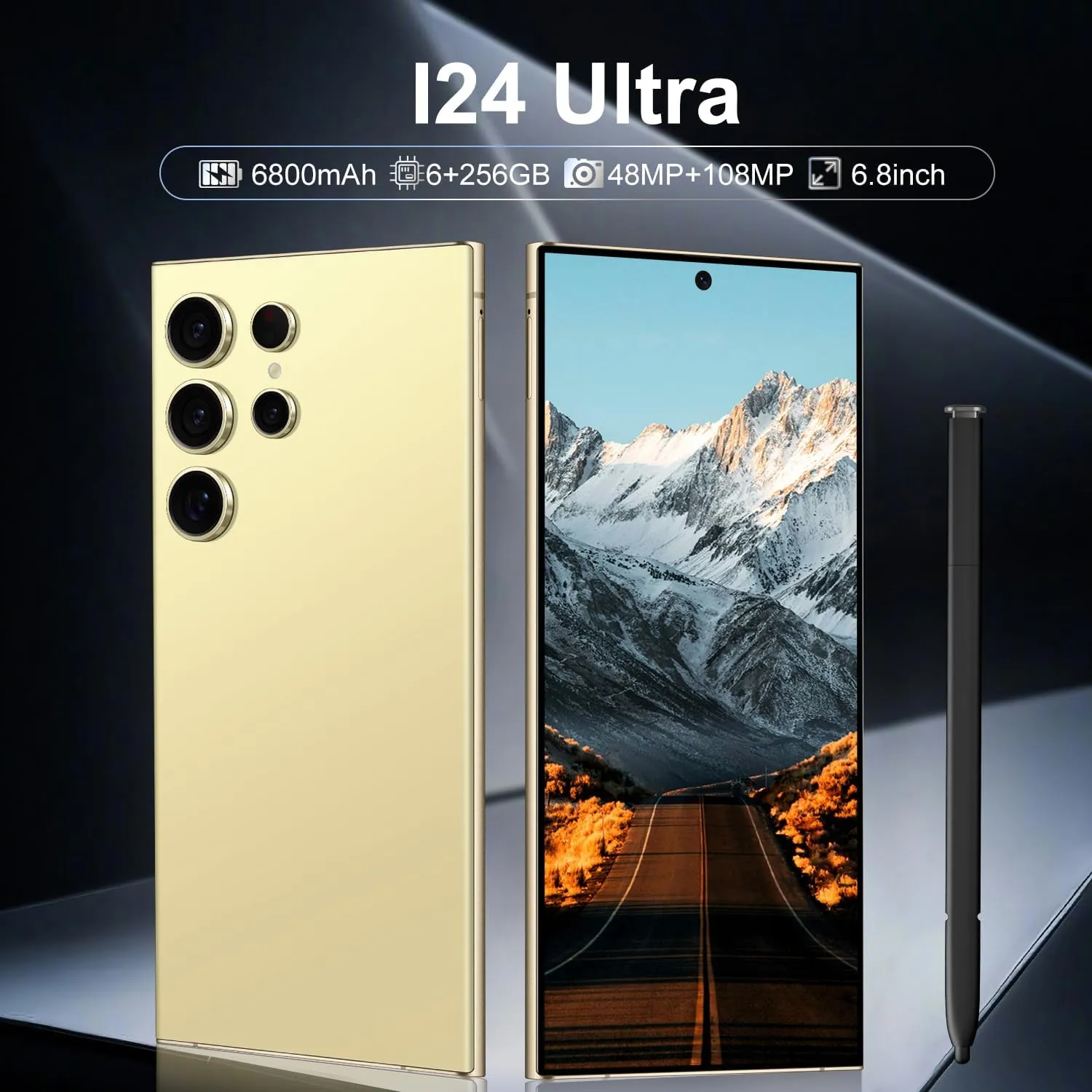 I24 Ultra 5G Unlocked Phones, Built in Pen, Smartphone Battery 6800mAh 6.8" HD Screen Unlocked Cell Phone, 6 256GB Android13 with 128G Memory Card, Face ID/Fingerprint Lock/GPS (Yellow)