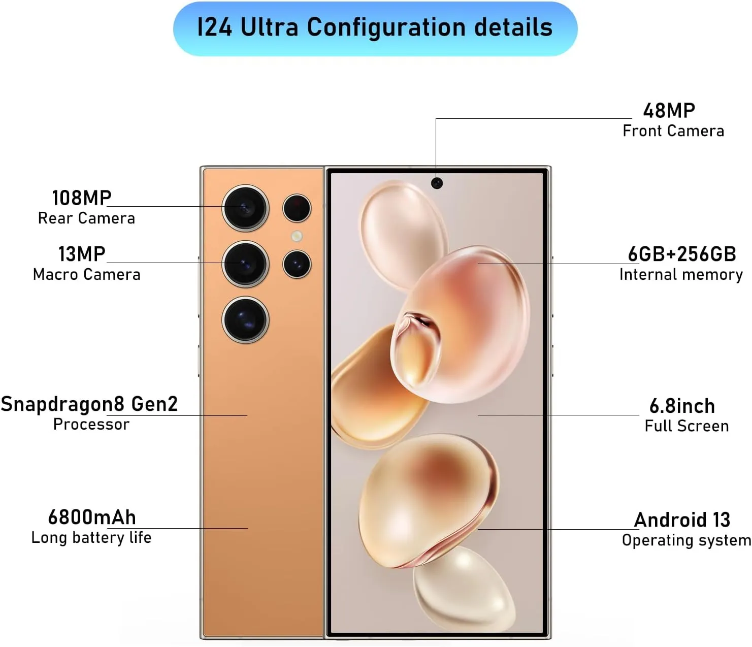 I24 Ultra Unlocked Smartphone,6GB 256GB Built in Pen with128GB Memory Card cell phone Android 13, 6.8"HD Screen Unlocked Cell Phone, 6800mAh, 48MP 108MP Dual Camera/Fingerprint Lock (Titanium Orange)