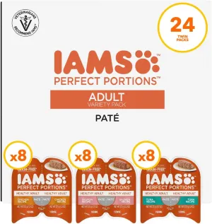 IAMS Perfect Portions Adult Wet Cat Food Paté Variety Pack, Chicken, Salmon, and Tuna Recipes, 2.6 oz. Easy Peel Twin-Pack Trays (24 Count, 48 Servings)