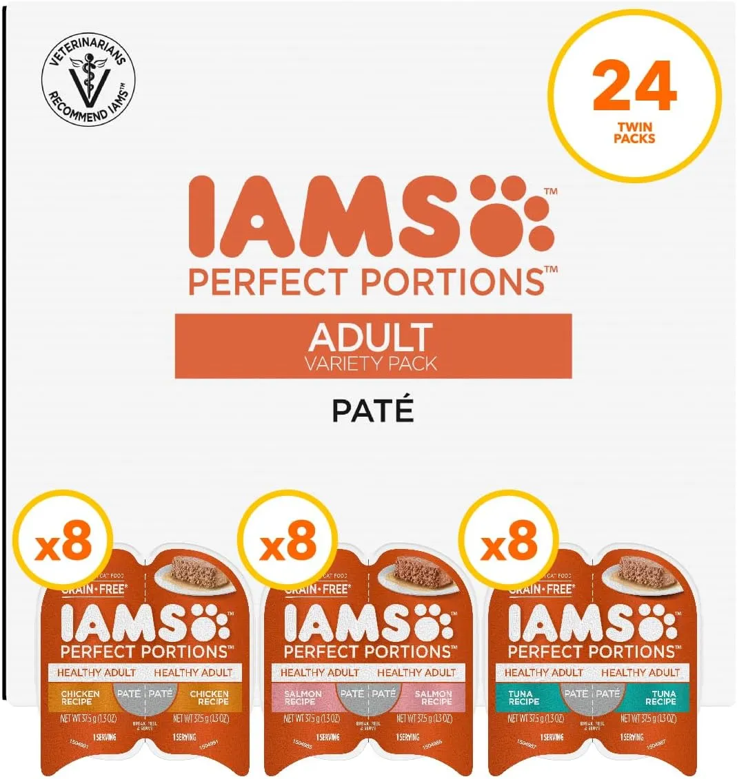 IAMS Perfect Portions Adult Wet Cat Food Paté Variety Pack, Chicken, Salmon, and Tuna Recipes, 2.6 oz. Easy Peel Twin-Pack Trays (24 Count, 48 Servings)