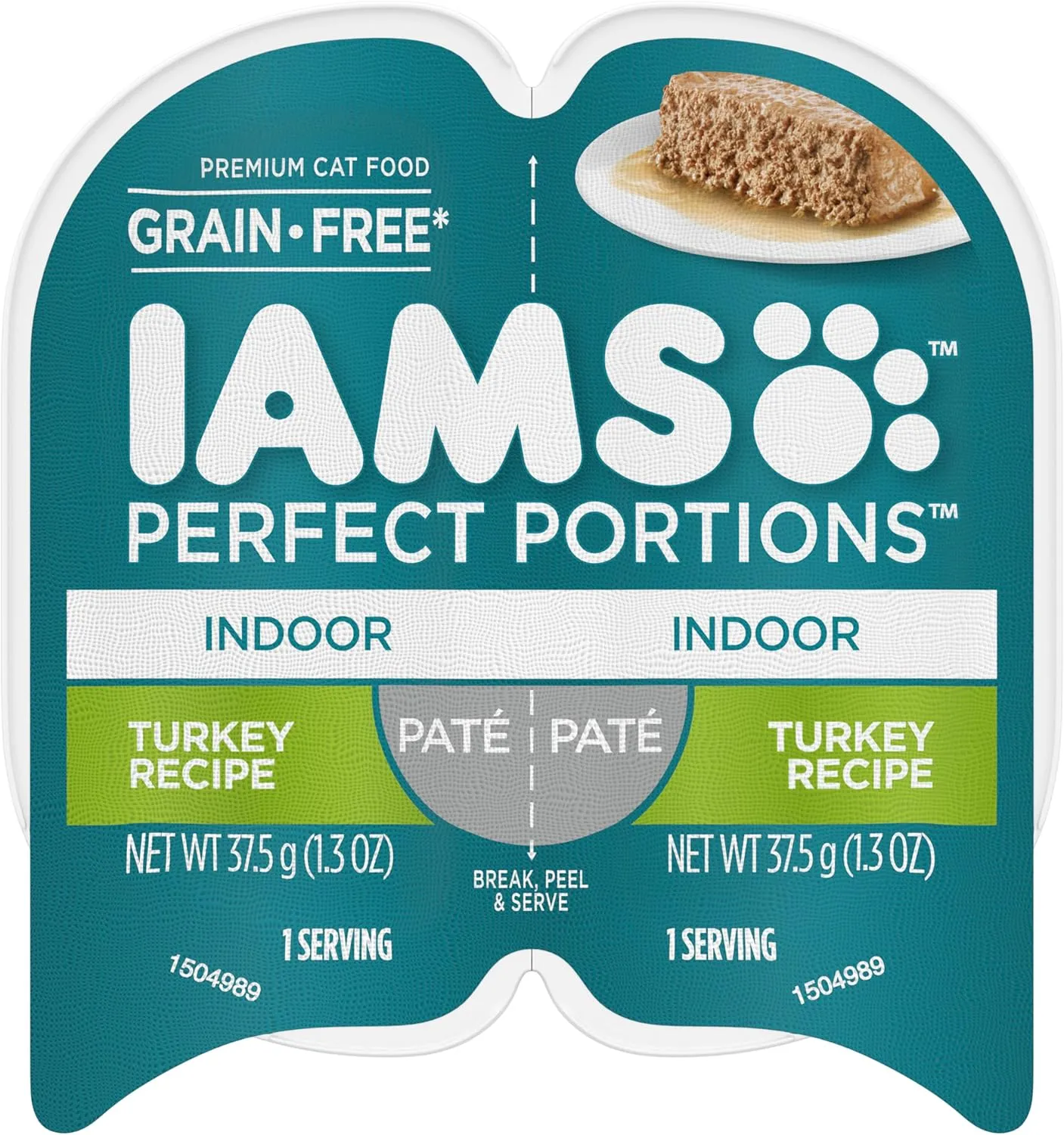 IAMS Perfect Portions Indoor Adult Grain Free Wet Cat Food Paté, Turkey Recipe, 2.6 oz. Easy Peel Twin-Pack Trays (24 Count, 48 Servings)