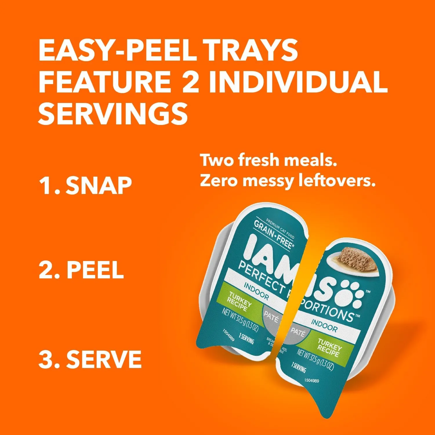 IAMS Perfect Portions Indoor Adult Grain Free Wet Cat Food Paté, Turkey Recipe, 2.6 oz. Easy Peel Twin-Pack Trays (24 Count, 48 Servings)