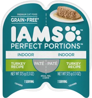 IAMS Perfect Portions Indoor Adult Grain Free Wet Cat Food Paté, Turkey Recipe, 2.6 oz. Easy Peel Twin-Pack Trays (24 Count, 48 Servings)