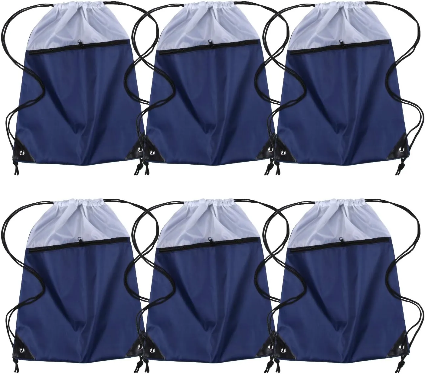 ICObuty Sports Gym Bag Sack Cheerleading Cheerleader Drawstring Backpack 6 Pack Men Women 210D Polyester (White/Navy Blue)