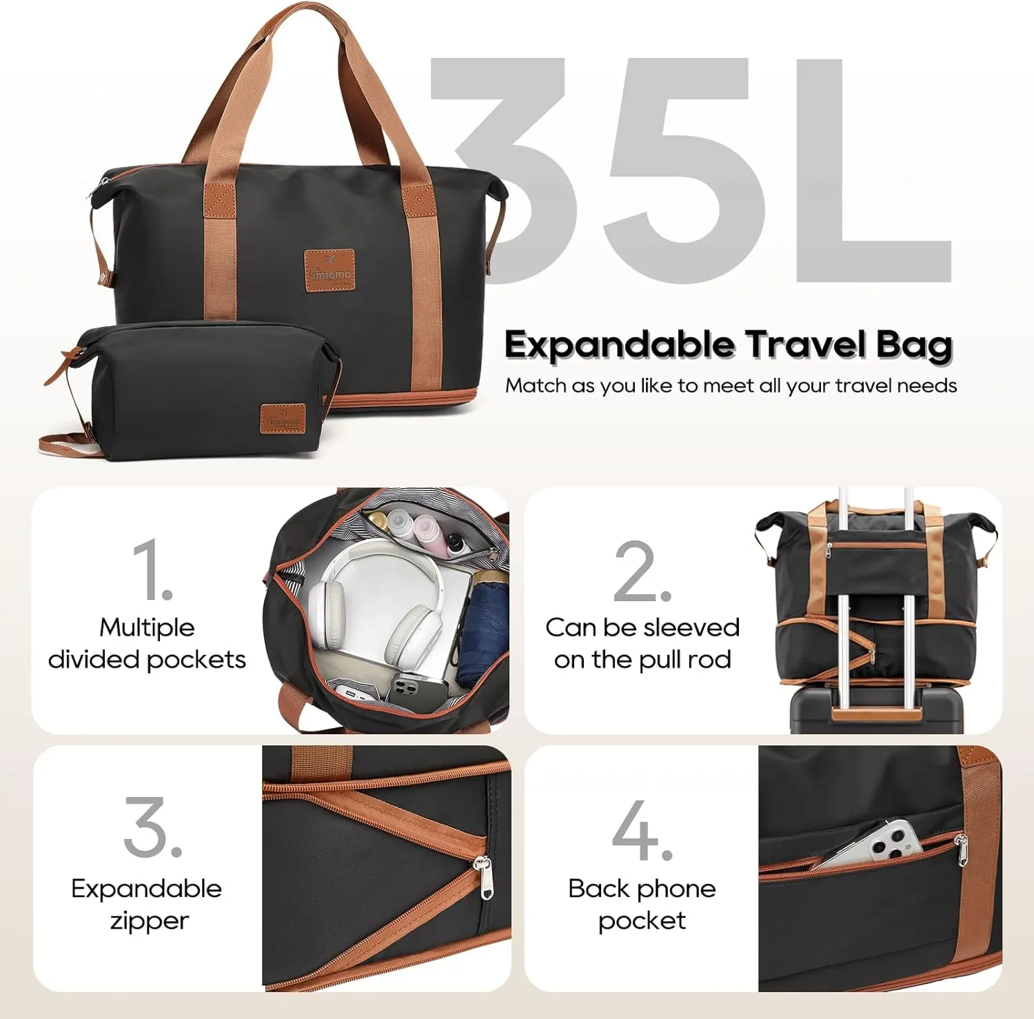 imiomo Luggage Sets 5 Piece with TSA Locks, Hardside Carry On Suitcase Set with Spinner Wheel, Lightweight Travel Luggage with USB Port, Black