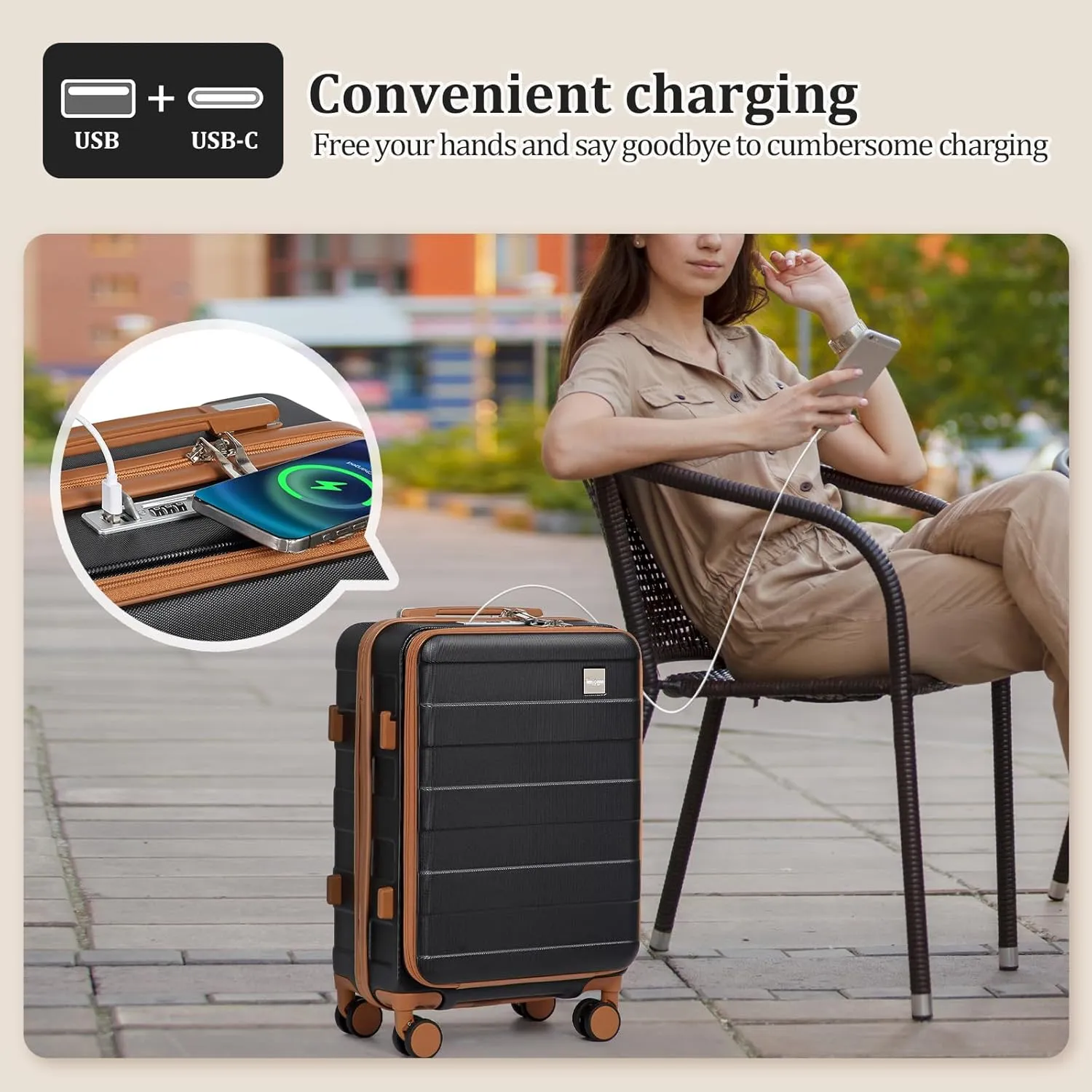 imiomo Luggage Sets 5 Piece with TSA Locks, Hardside Carry On Suitcase Set with Spinner Wheel, Lightweight Travel Luggage with USB Port, Black