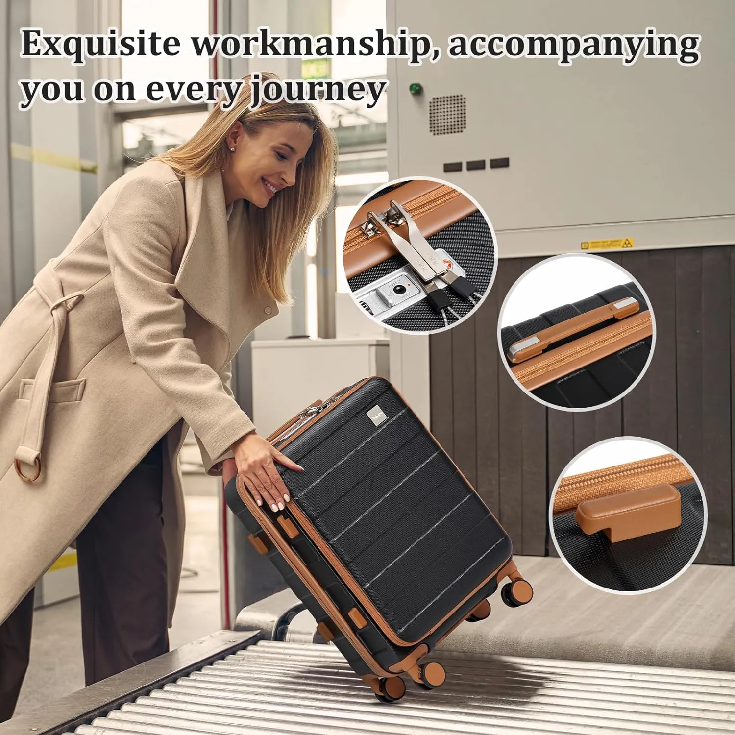 imiomo Luggage Sets 5 Piece with TSA Locks, Hardside Carry On Suitcase Set with Spinner Wheel, Lightweight Travel Luggage with USB Port, Black