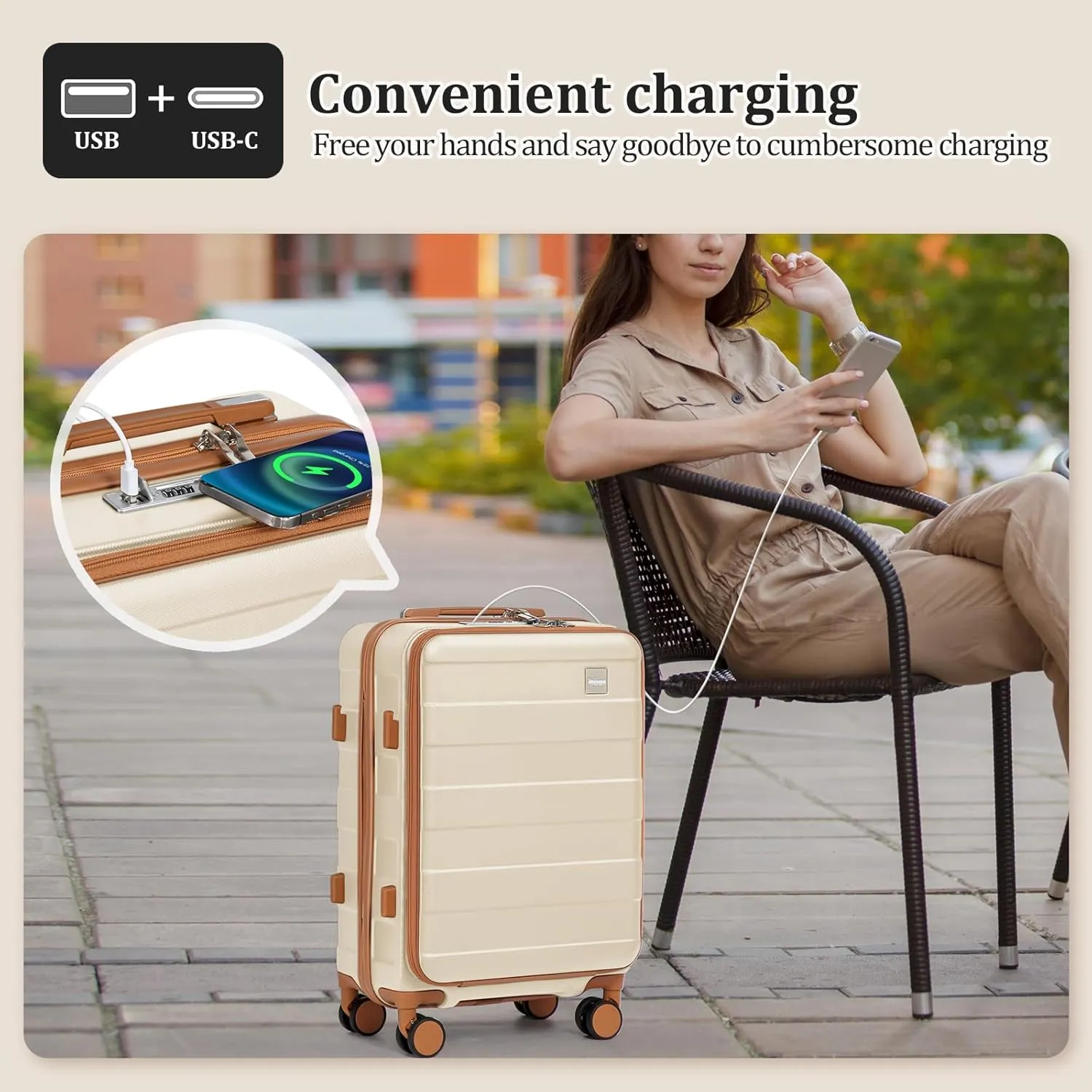 imiomo Luggage Sets 5 Piece with TSA Locks, Hardside Carry On Suitcase Set with Spinner Wheel, Lightweight Travel Luggage with USB Port, White