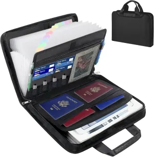Important Document Organizer with Handle, Fireproof Accordion File Organizer with Zipper & Labels, 12 Pockets Expanding File Folder for Letter A4 Files, Accordion Folder for Document Storage (Black)