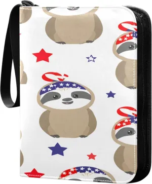 Independence Day Cute Sloths Card Binder 4 Pocket Collectible Trading Card Albums with 50 Sleeves Double Side PU Waterproof 3 Ring for Sports & Game Cards