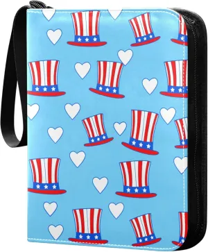 Independence Day Hat and Heart Card Binder 4 Pocket Collectible Trading Card Albums with 50 Sleeves Double Side PU Waterproof 3 Ring for Sports & Game Cards