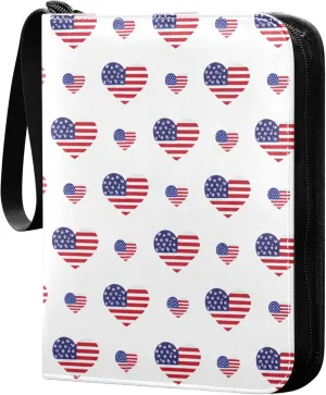 Independence Day Hearts Card Binder 4 Pocket Collectible Trading Card Albums with 50 Sleeves Double Side PU Waterproof 3 Ring for Sports & Game Cards
