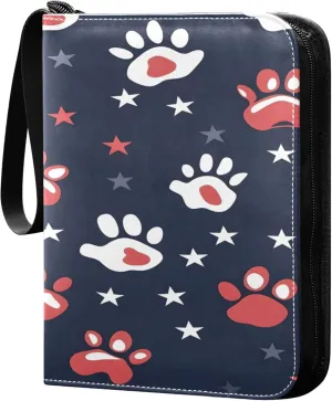 Independence Day Paw Print Card Binder 4 Pocket Collectible Trading Card Albums with 50 Sleeves Double Side PU Waterproof 3 Ring for Sports & Game Cards