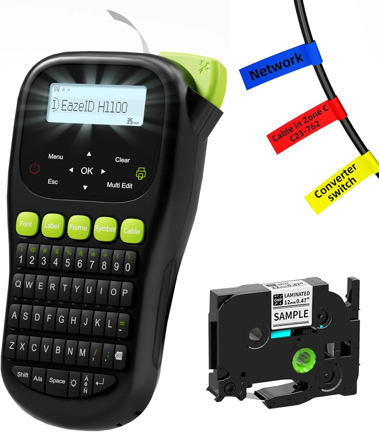 Industrial Label Maker Machine with-Tape, Portable Cable Label Maker with Keyboard, Handheld Wire Labeler with Backlight Screen for Home Office Use, H1100 Black