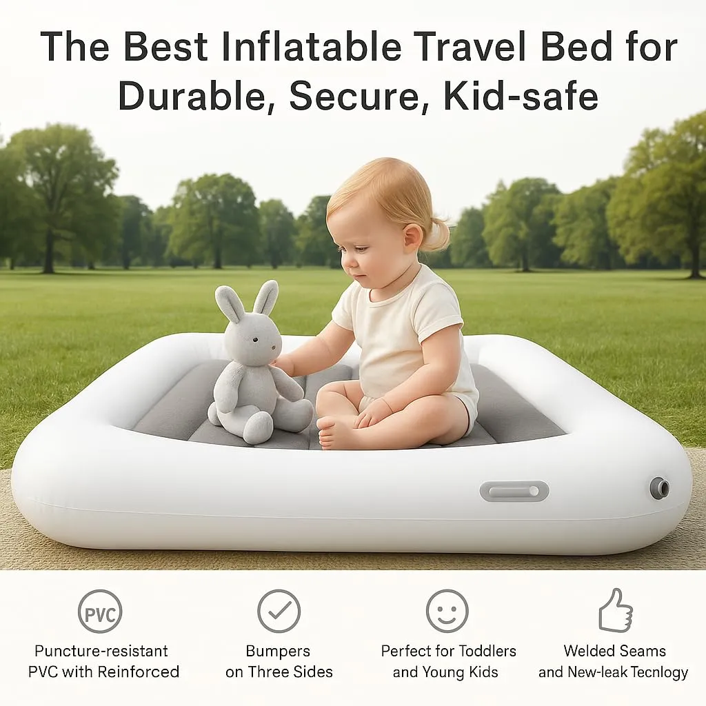 Inflatable Kids Travel Bed - Portable Comfortable Air Mattress with 3 Sides Safety Bumpers - Blow Up Bed for Camping & Travel (53 Inches)
