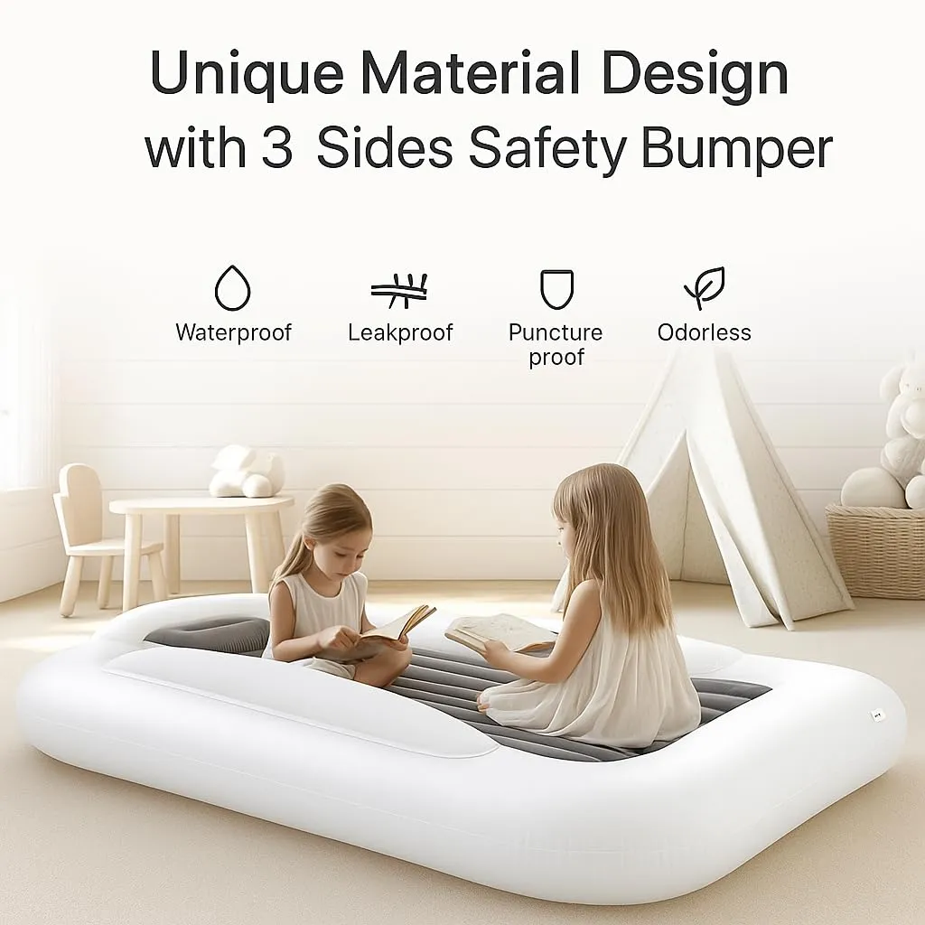 Inflatable Kids Travel Bed - Portable Comfortable Air Mattress with 3 Sides Safety Bumpers - Blow Up Bed for Camping & Travel (53 Inches)