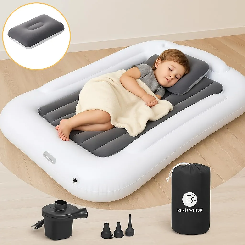 Inflatable Kids Travel Bed - Portable Comfortable Air Mattress with 3 Sides Safety Bumpers - Blow Up Bed for Camping & Travel (53 Inches)