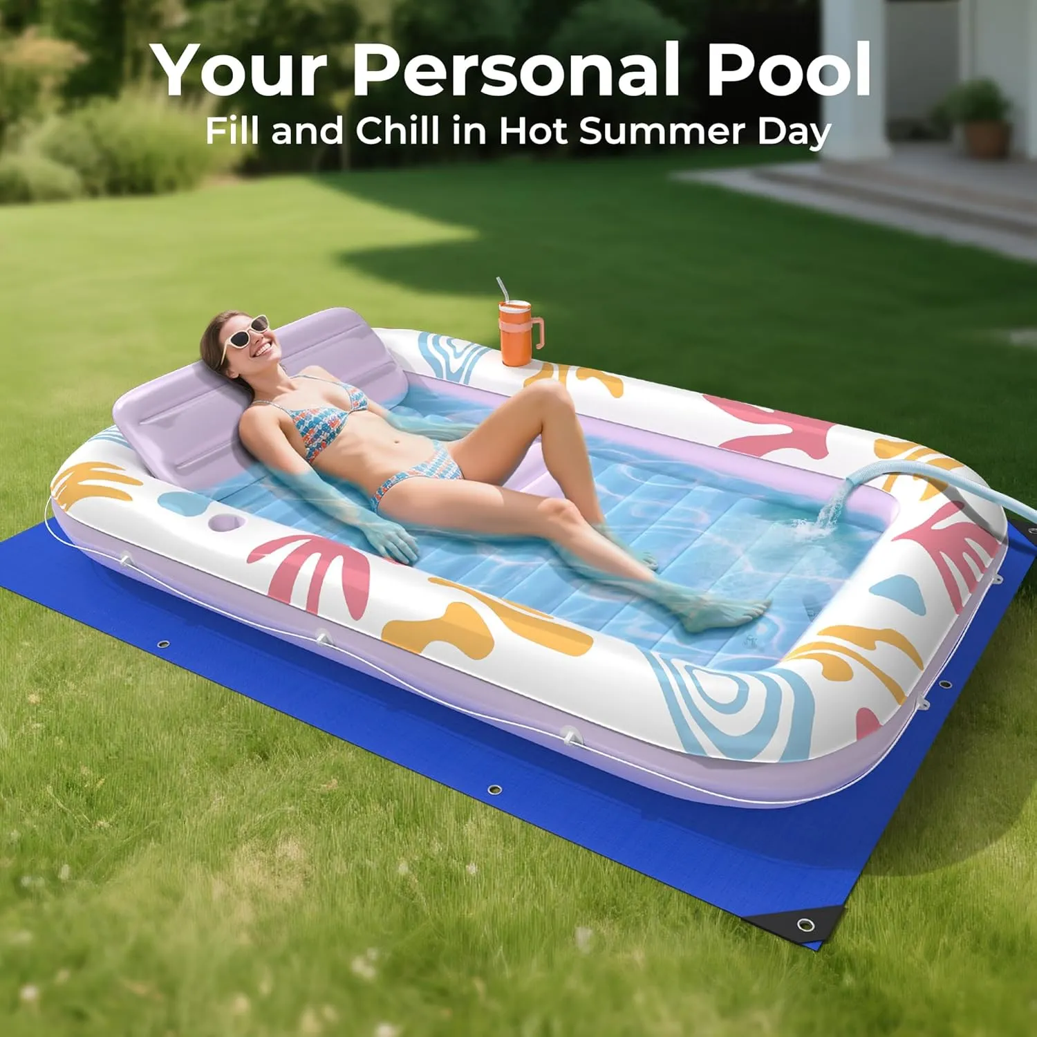 Inflatable Tanning Pool Lounger Float with Protection Mat, 70" x 46" Pool Floats Adult w/Pillow, 6 in 1 Suntan Tub Raft Floatie, Sunbathing Water Bed Lounge Blow Up Kids Ball Pit Party Gifts