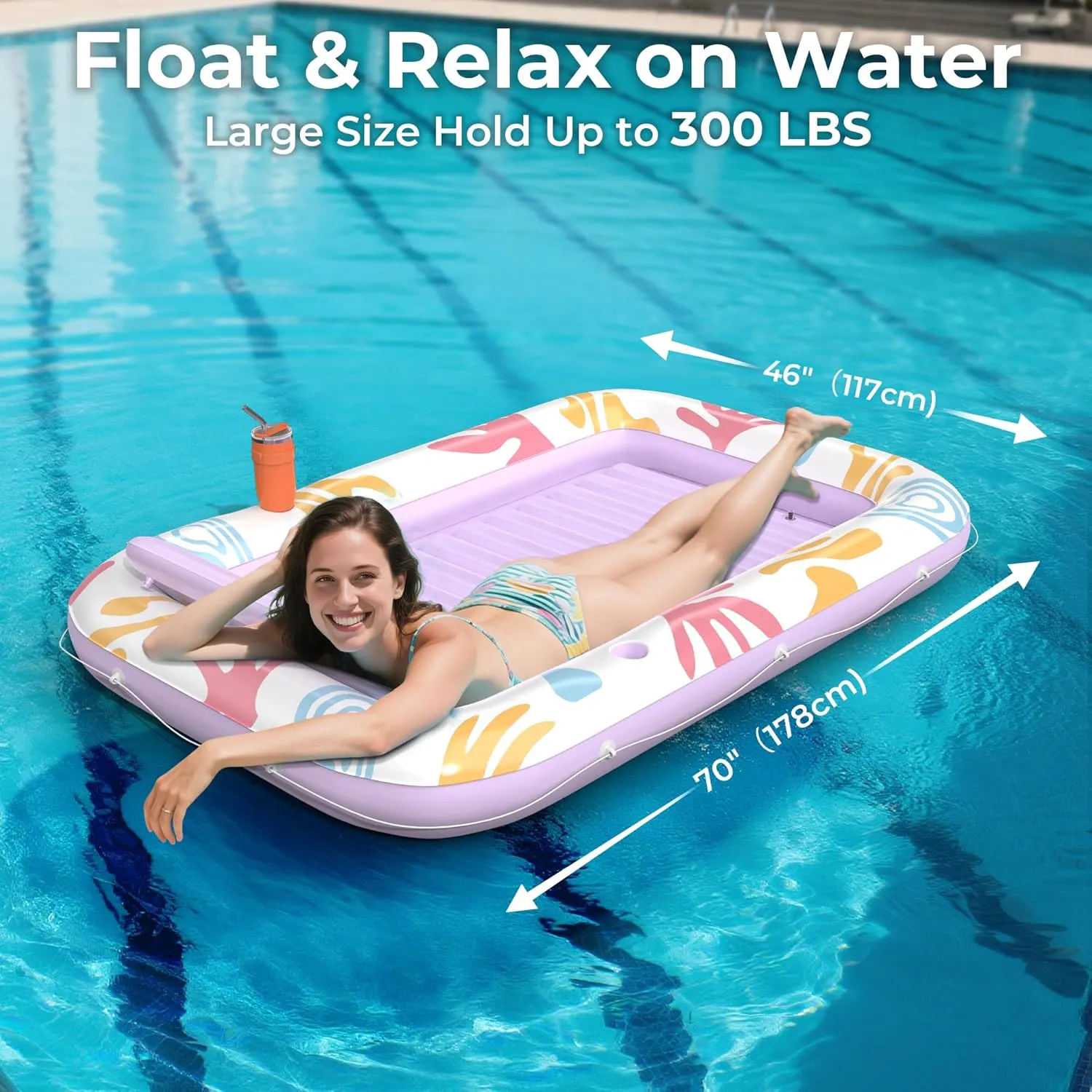 Inflatable Tanning Pool Lounger Float with Protection Mat, 70" x 46" Pool Floats Adult w/Pillow, 6 in 1 Suntan Tub Raft Floatie, Sunbathing Water Bed Lounge Blow Up Kids Ball Pit Party Gifts