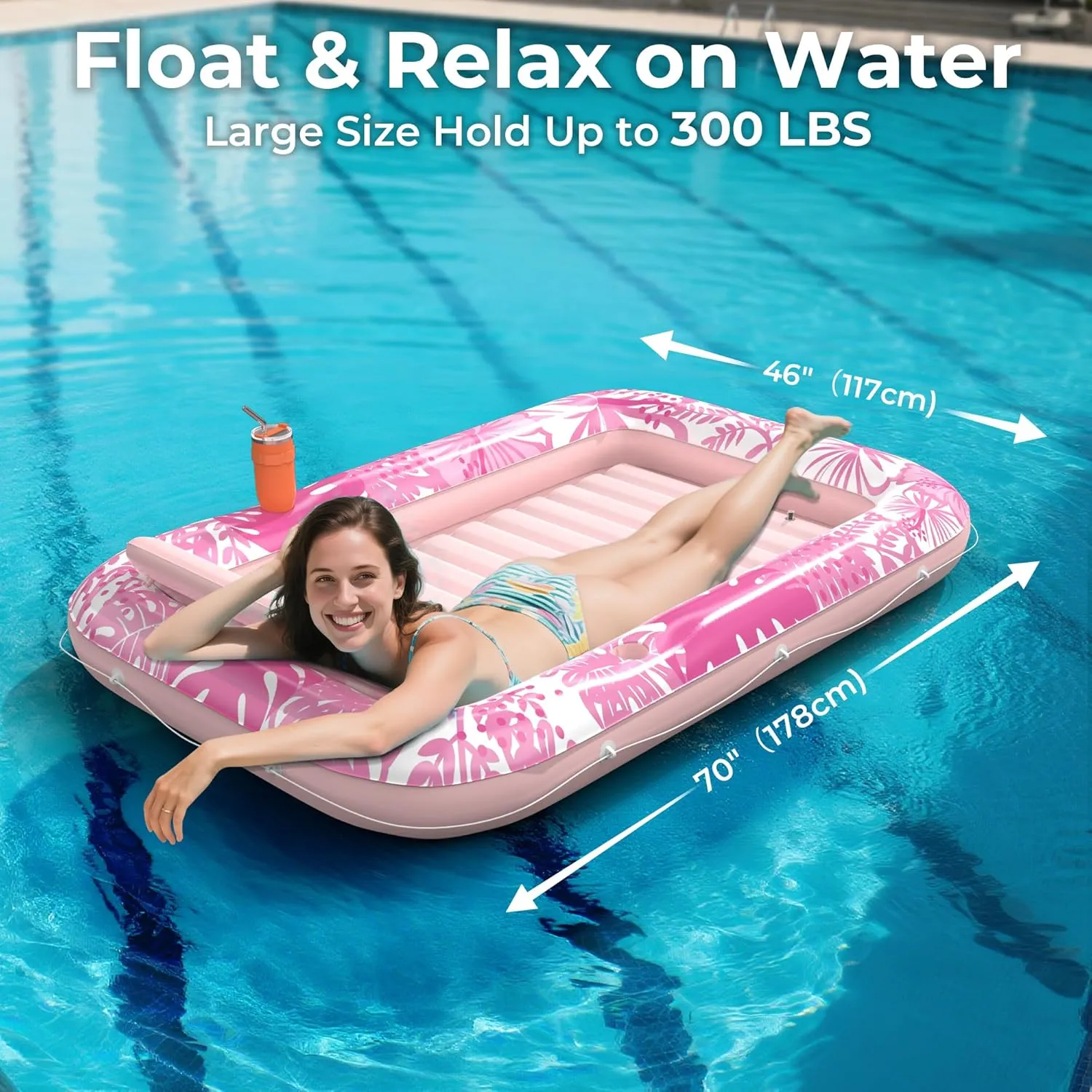 Inflatable Tanning Pool Lounger Float with Protection Mat, 70" x 46" Pool Floats Adult w/Pillow, 6 in 1 Suntan Tub Raft Floatie, Sunbathing Water Bed Lounge Blow Up Kids Ball Pit Party Gifts
