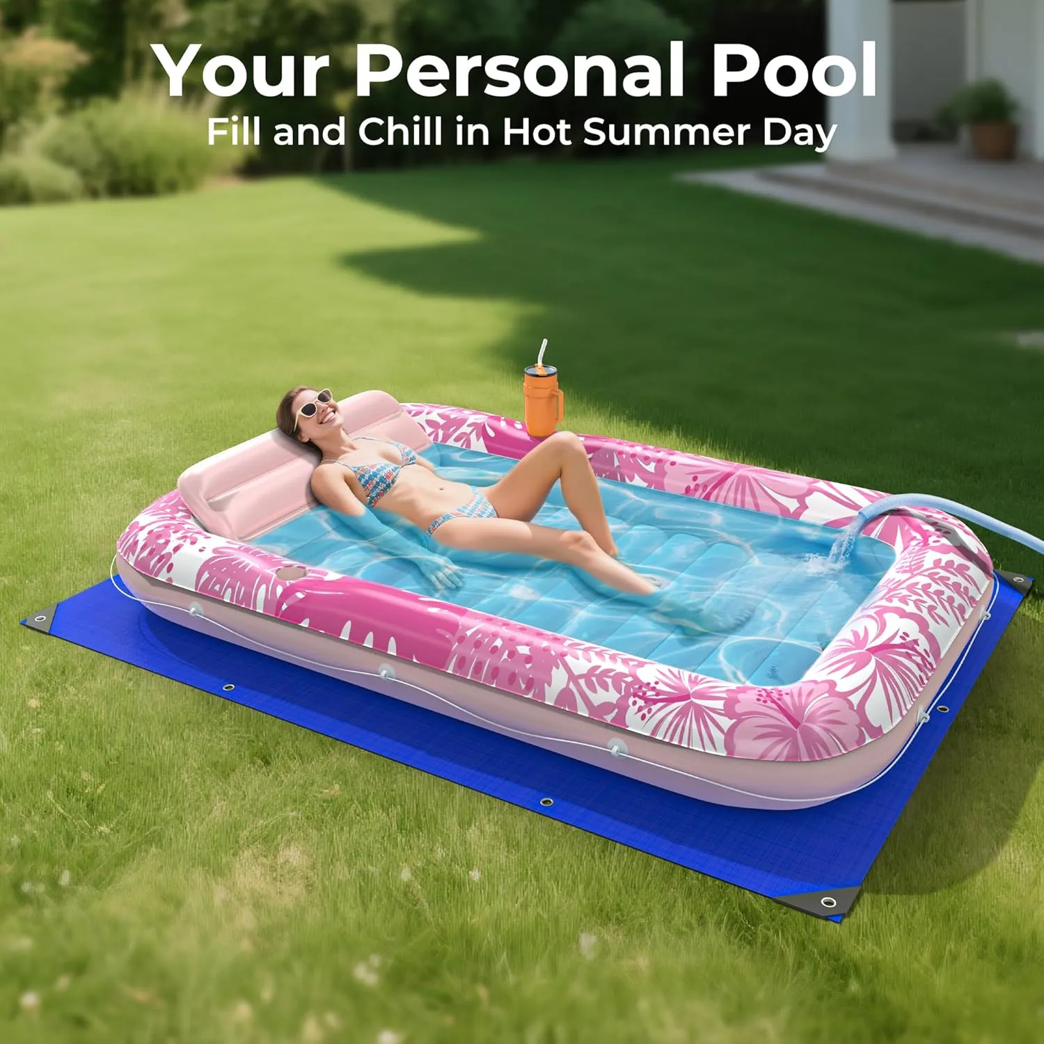Inflatable Tanning Pool Lounger Float with Protection Mat, 70" x 46" Pool Floats Adult w/Pillow, 6 in 1 Suntan Tub Raft Floatie, Sunbathing Water Bed Lounge Blow Up Kids Ball Pit Party Gifts