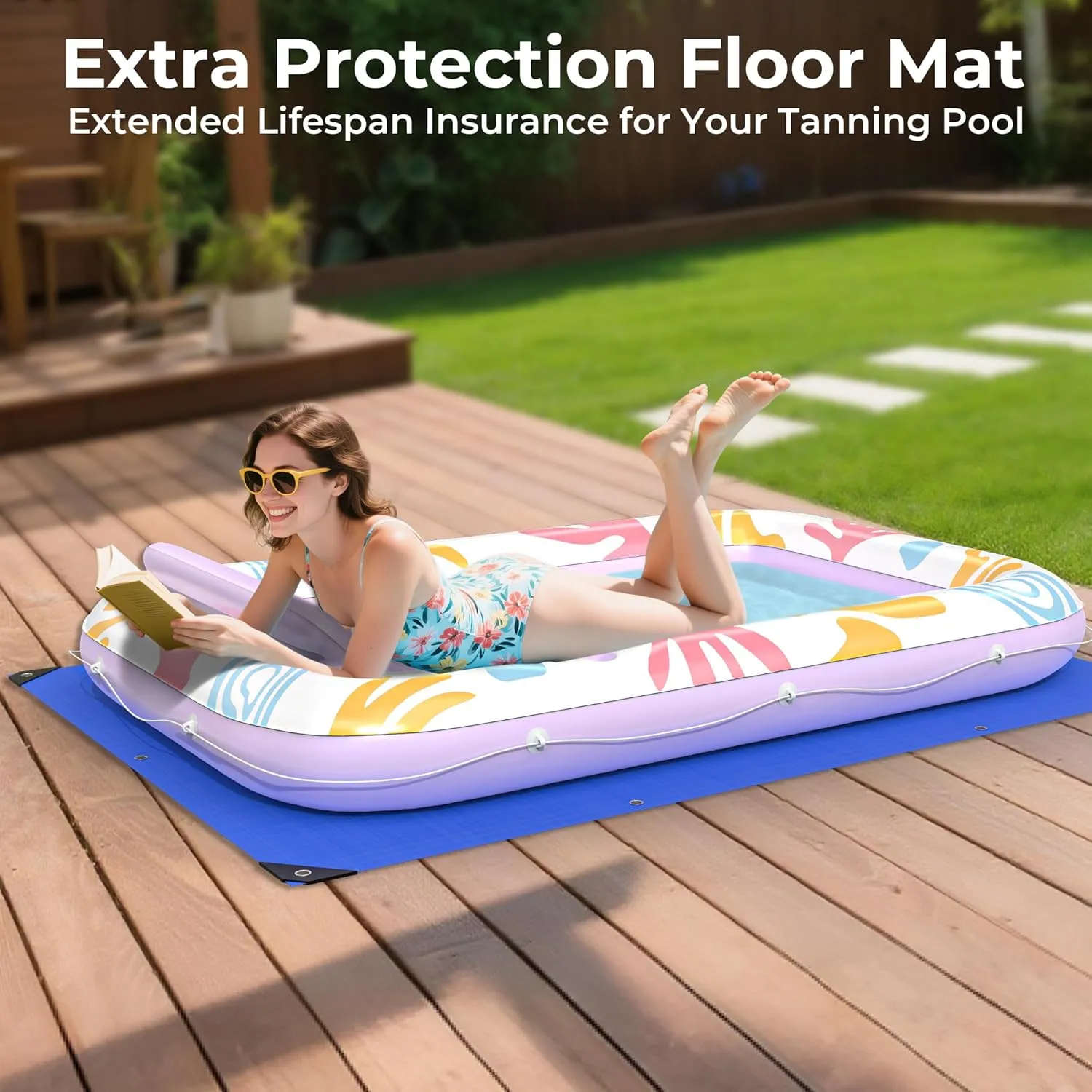 Inflatable Tanning Pool Lounger Float with Protection Mat, 70" x 46" Pool Floats Adult w/Pillow, 6 in 1 Suntan Tub Raft Floatie, Sunbathing Water Bed Lounge Blow Up Kids Ball Pit Party Gifts