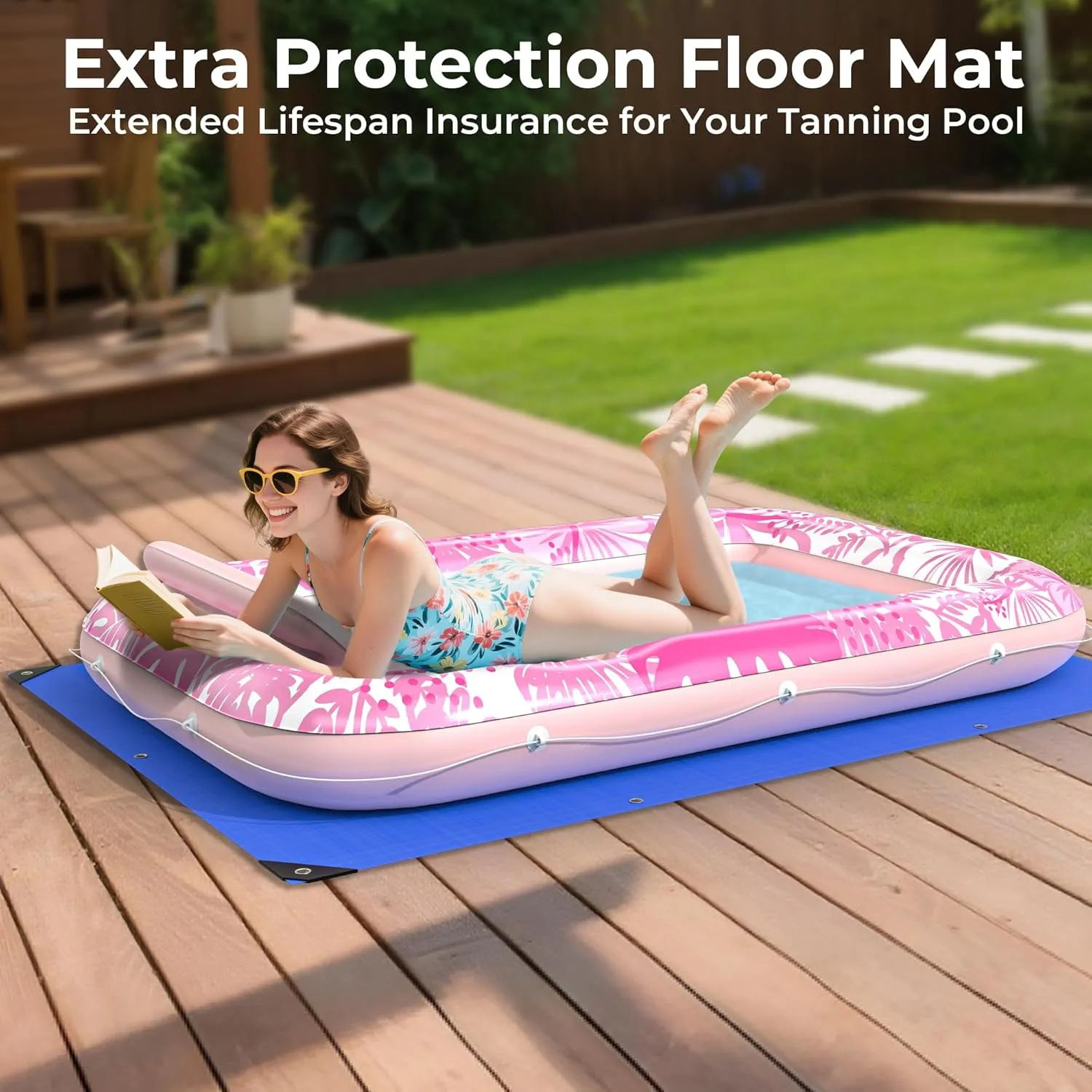 Inflatable Tanning Pool Lounger Float with Protection Mat, 70" x 46" Pool Floats Adult w/Pillow, 6 in 1 Suntan Tub Raft Floatie, Sunbathing Water Bed Lounge Blow Up Kids Ball Pit Party Gifts