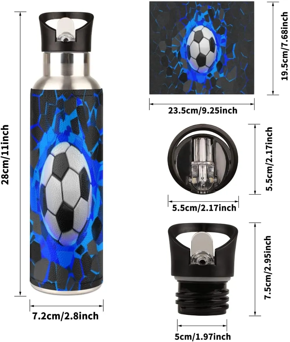 Insulated Stainless Steel Water Bottle with Straw 20oz Blue Black 3d Sport Soccer Football Sports Water Bottles BPA Free Leakproof Metal Vacuum Flask Jug for Kids Gym Fitness