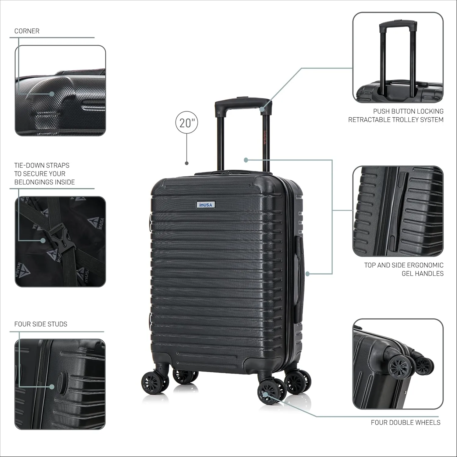 InUSA DEEP Luggage with GEL Handle | Spacious Traveling Suitcases, Travel Suitcase with Dual Spinner Wheels and Studs | 20 Inch Carry On Hardside Luggage | Black