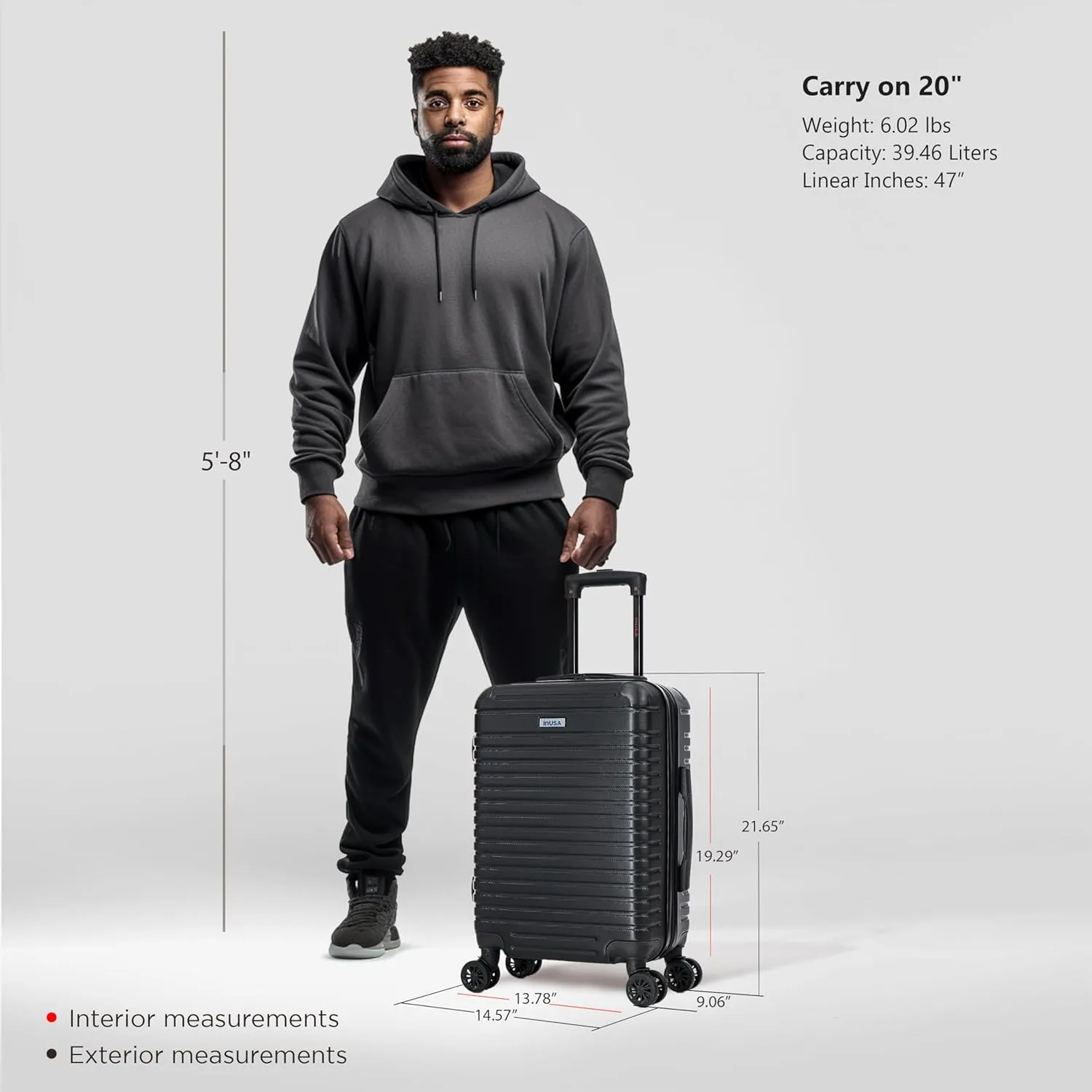 InUSA DEEP Luggage with GEL Handle | Spacious Traveling Suitcases, Travel Suitcase with Dual Spinner Wheels and Studs | 20 Inch Carry On Hardside Luggage | Black