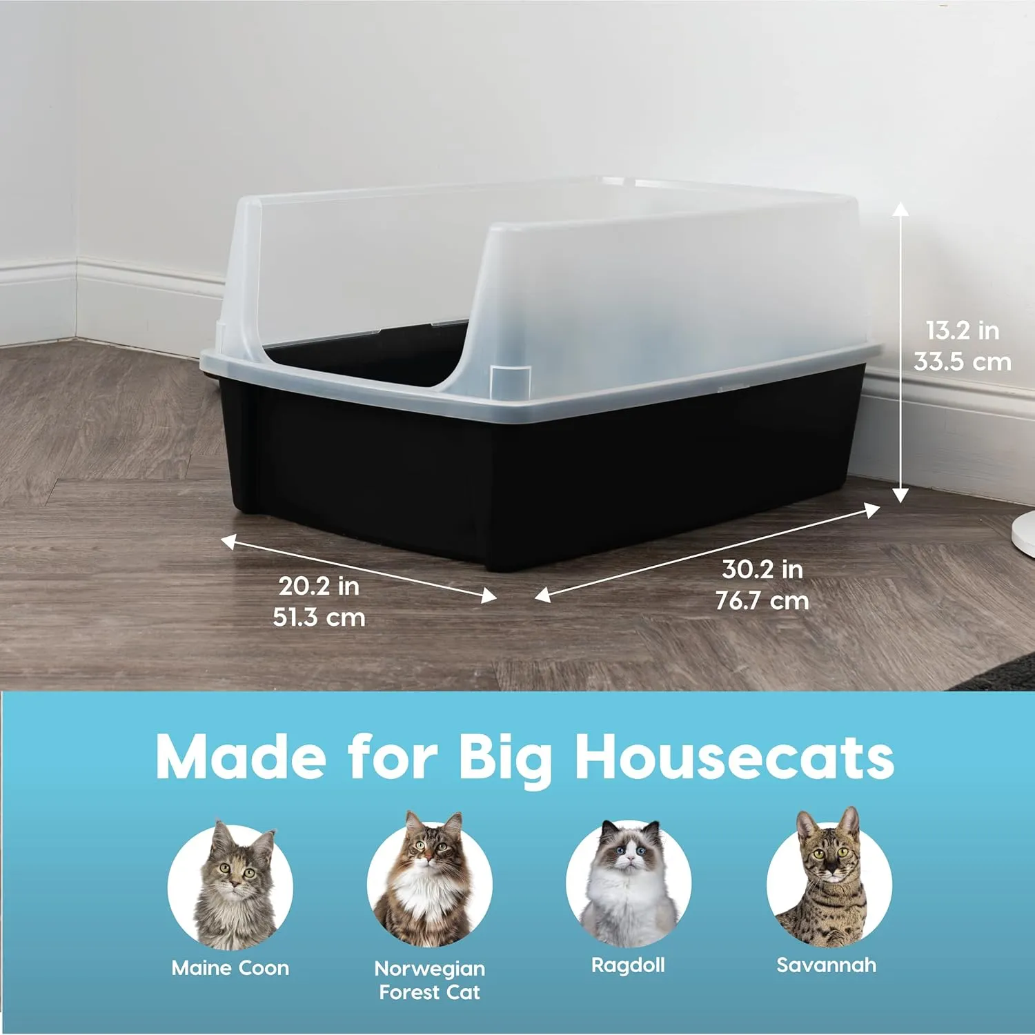 IRIS USA XX-Large Cat Litter Box, Open Top Extra Large Litter Box for Big Cats and Multi-Cat Households, High Sided Scatter Shield, Easy to Clean, 30" L x 20" W x 14" H, Black