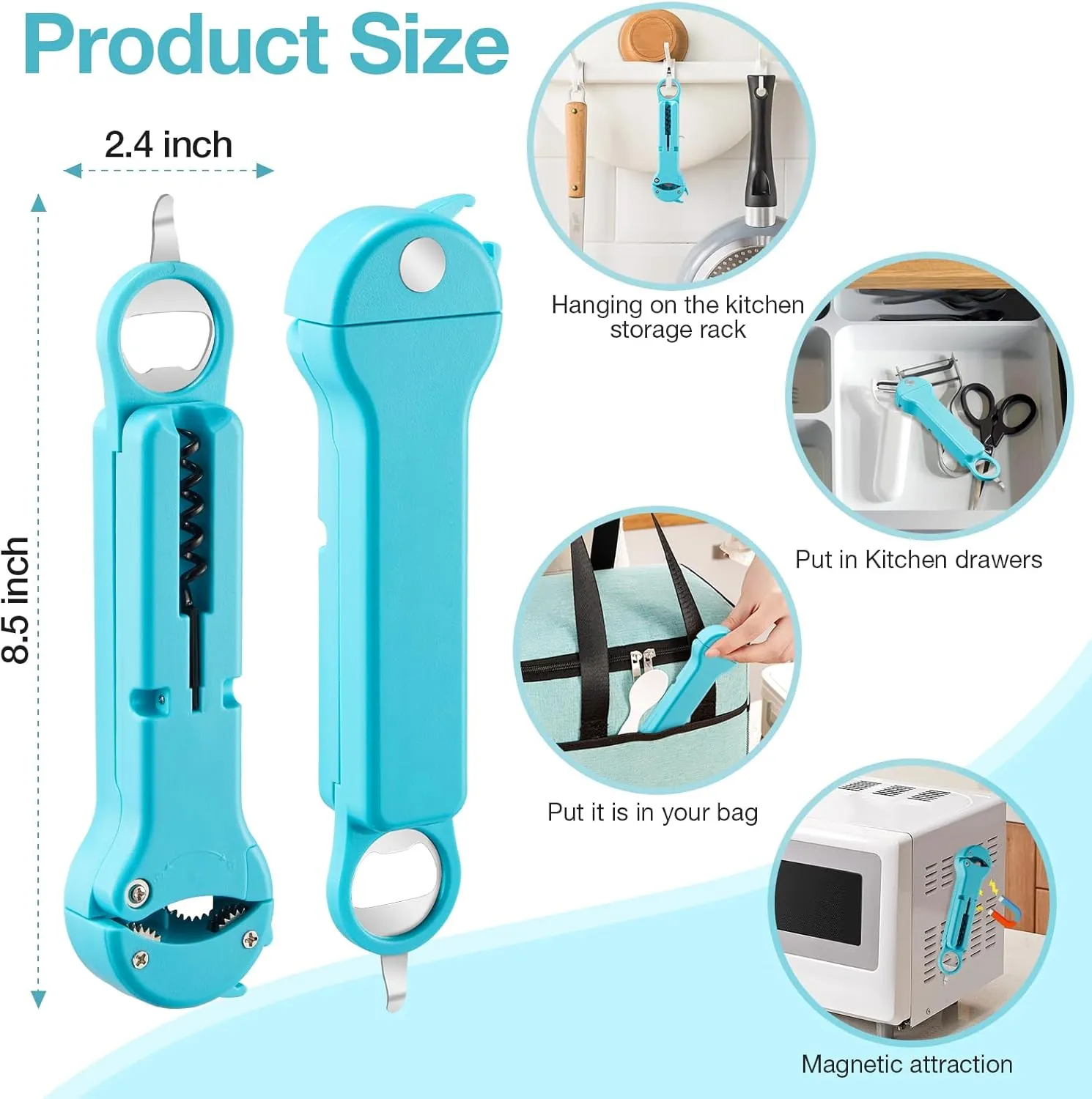 Jar Opener Bottle Opener and Lid Opener for Seniors with Arthritis, Weak Hands, Multi 7 in 1 Retractable Magnetic Can Opener, Original Kitchen Wine Opener Gadgets (Cyan)