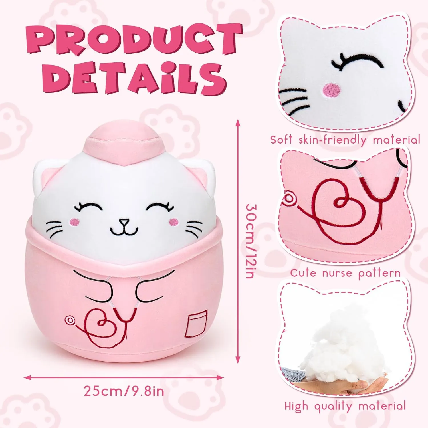 Jenaai 12 Inches Nurse Cat Stuffed Animals Cat Plush Kitty Stuffed Animal Nurse Gift for Women(Pink)