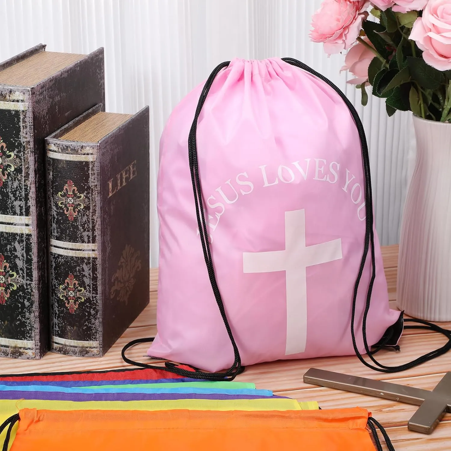 Jesus Loves You Drawstring Backpack Bulk Easter Church Gifts Christian Religious Gift Bag Polyester Backpack(Multicolor,30 Pcs)