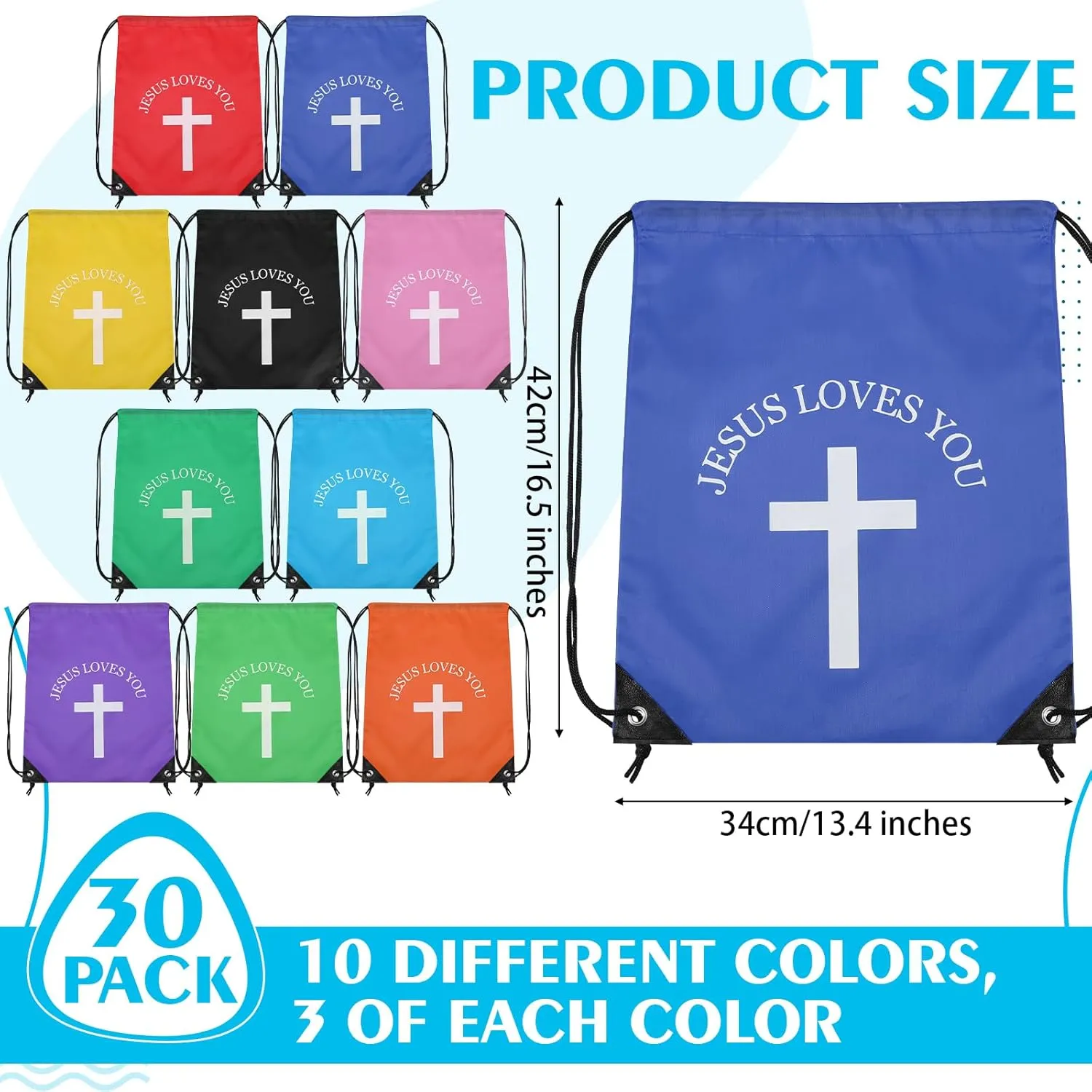 Jesus Loves You Drawstring Backpack Bulk Easter Church Gifts Christian Religious Gift Bag Polyester Backpack(Multicolor,30 Pcs)