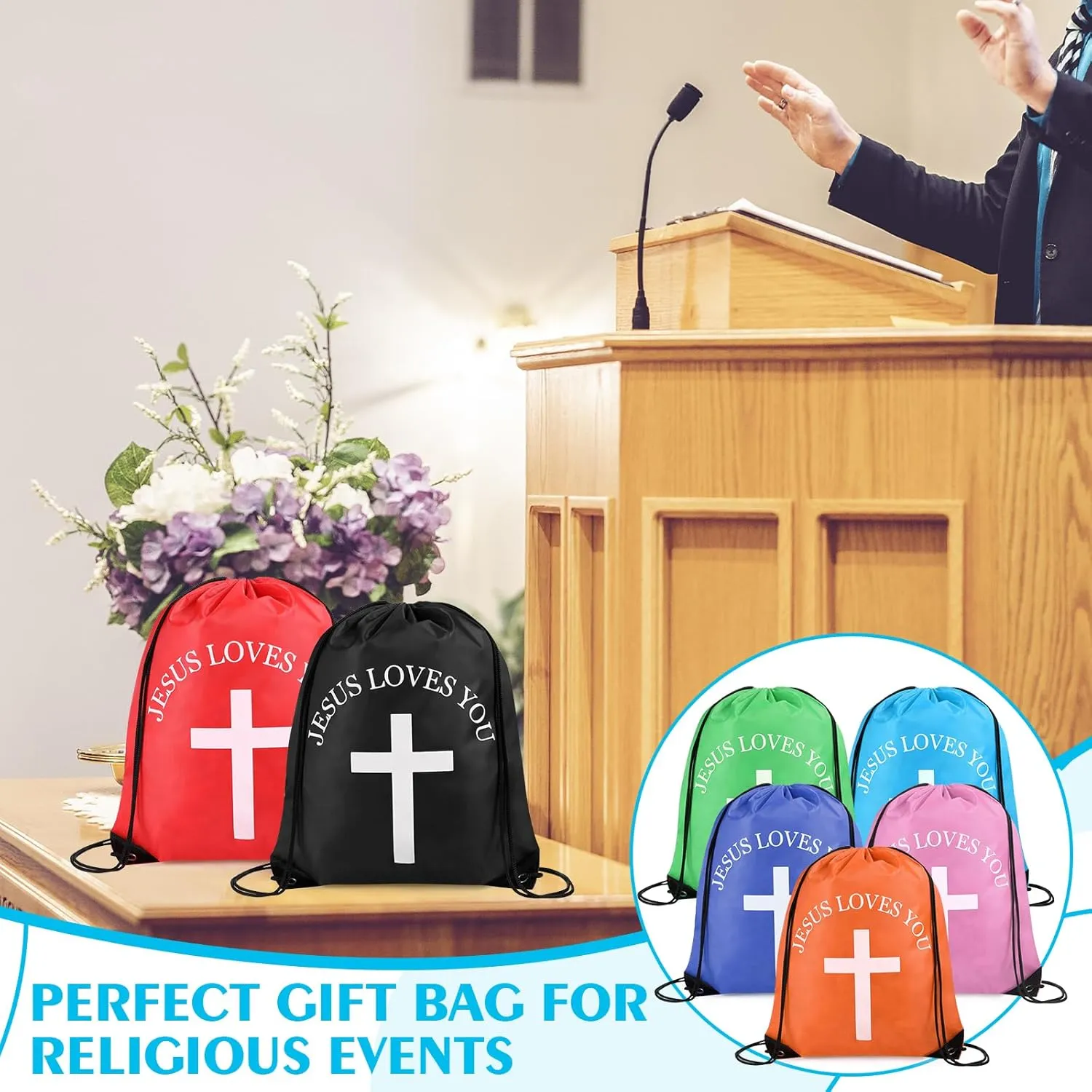Jesus Loves You Drawstring Backpack Bulk Easter Church Gifts Christian Religious Gift Bag Polyester Backpack(Multicolor,30 Pcs)
